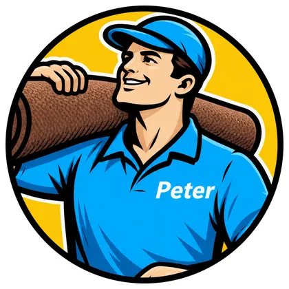 The PM Carpets & Flooring mascot, Peter, carrying a roll of carpet